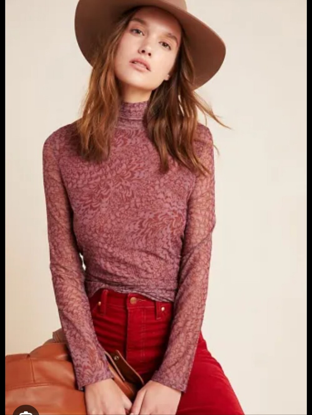 Anthropologie Semi Sheer Mesh Knit Mauve Patterned Long Sleeve Turtleneck Top M